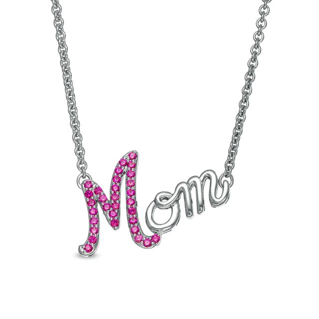 Lab-Created Ruby Cursive "Mom" Necklace in Sterling Silver|Peoples Jewellers