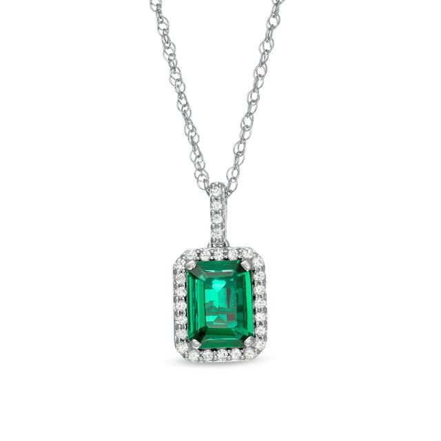 Emerald-Cut Lab-Created Emerald and White Sapphire Frame Drop Pendant Sterling Silver|Peoples Jewellers