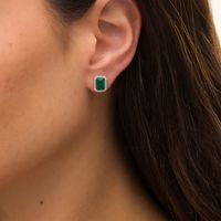 Emerald-Cut Lab-Created Emerald and White Sapphire Frame Stud Earrings in Sterling Silver|Peoples Jewellers