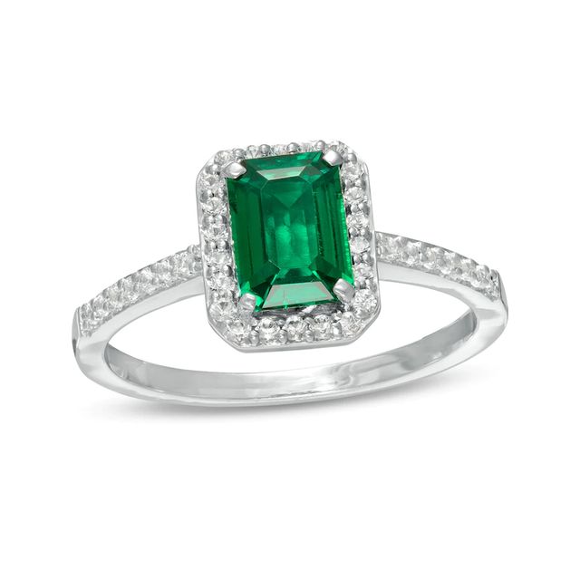 Emerald-Cut Lab-Created Emerald and White Sapphire Frame Ring in Sterling Silver|Peoples Jewellers