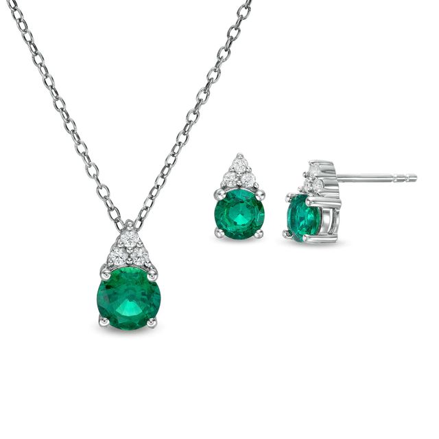 Lab-Created Emerald and White Sapphire Tri-Top Pendant and Stud Earrings Set in Sterling Silver|Peoples Jewellers