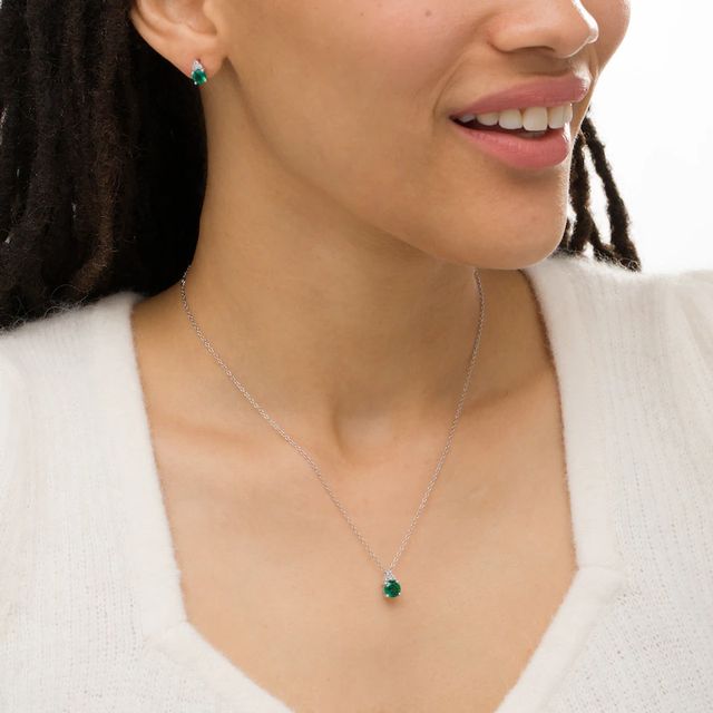 Lab-Created Emerald and White Sapphire Tri-Top Pendant and Stud Earrings Set in Sterling Silver|Peoples Jewellers