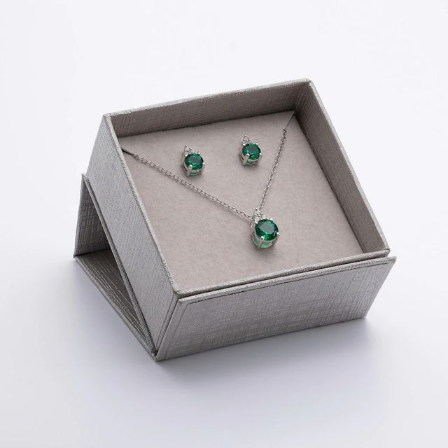 Lab-Created Emerald and White Sapphire Tri-Top Pendant and Stud Earrings Set in Sterling Silver|Peoples Jewellers