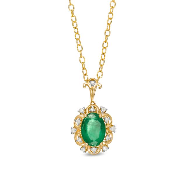 Oval Emerald and 0.05 CT. T.W. Diamond Scallop Frame Floral Drop Pendant in 10K Gold