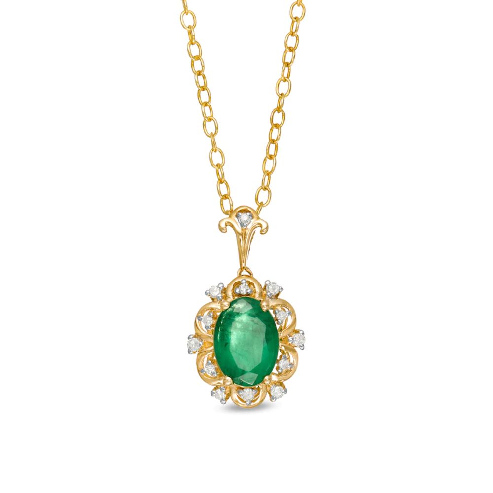 Oval Emerald and 0.05 CT. T.W. Diamond Scallop Frame Floral Drop Pendant in 10K Gold|Peoples Jewellers