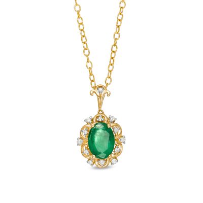 Oval Emerald and 0.05 CT. T.W. Diamond Scallop Frame Floral Drop Pendant in 10K Gold|Peoples Jewellers