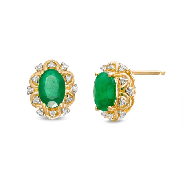 Oval Emerald and 0.07 CT. T.W. Diamond Scallop Frame Floral Stud Earrings in 10K Gold|Peoples Jewellers