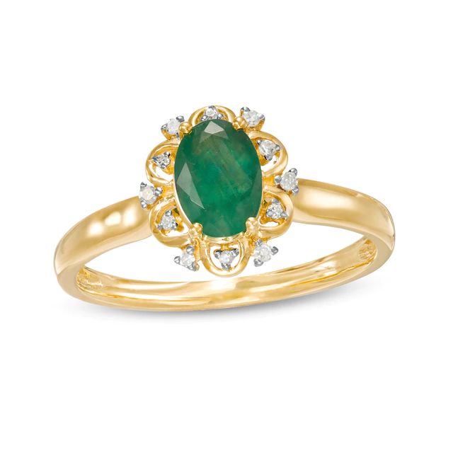 Oval Emerald and 0.04 CT. T.W. Diamond Scallop Frame Floral Ring in 10K Gold|Peoples Jewellers