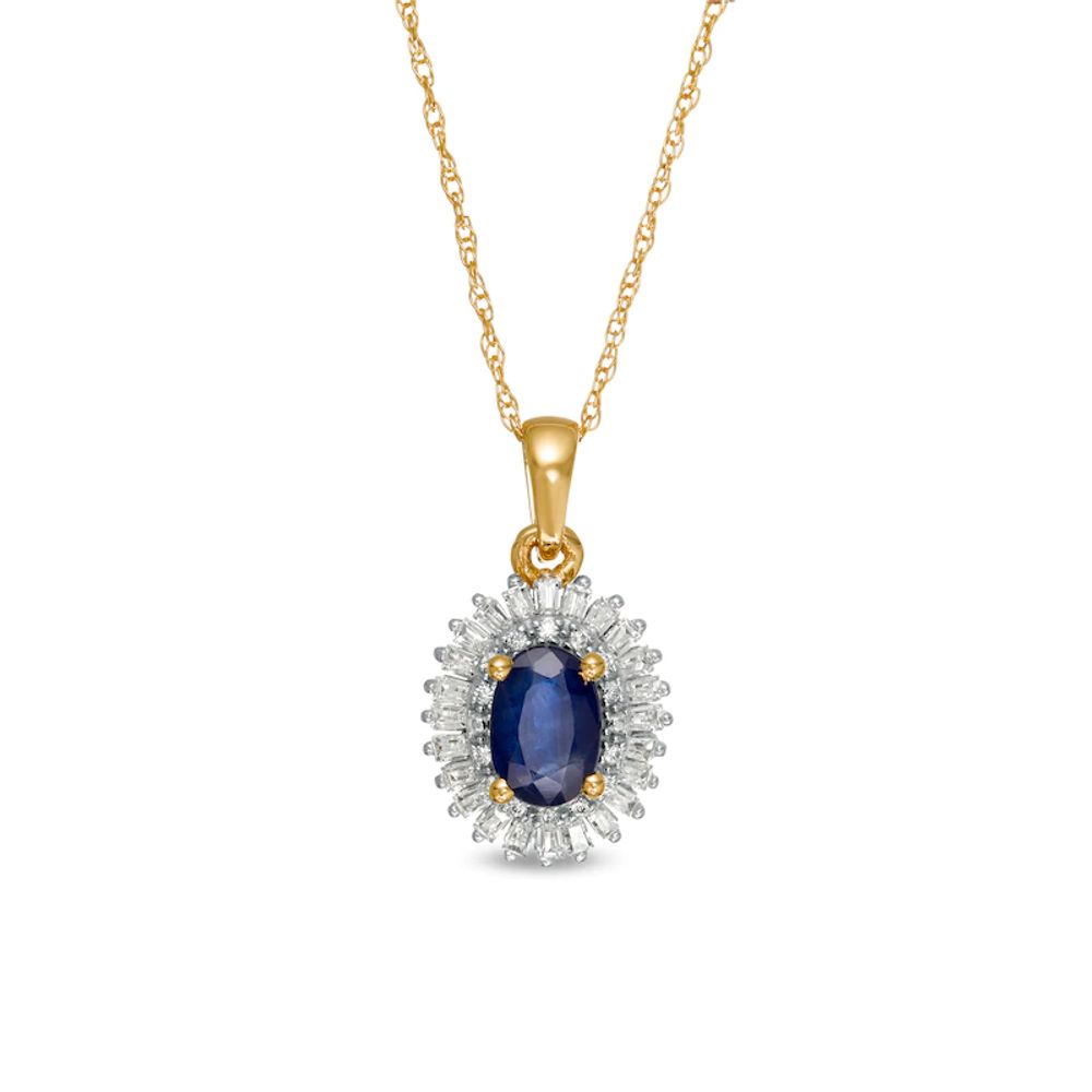 Oval Blue Sapphire and 0.19 CT. T.W. Baguette and Round Diamond Double Frame Floral Drop Pendant in 10K Gold|Peoples Jewellers