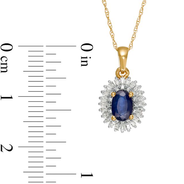 Oval Blue Sapphire and 0.19 CT. T.W. Baguette and Round Diamond Double Frame Floral Drop Pendant in 10K Gold