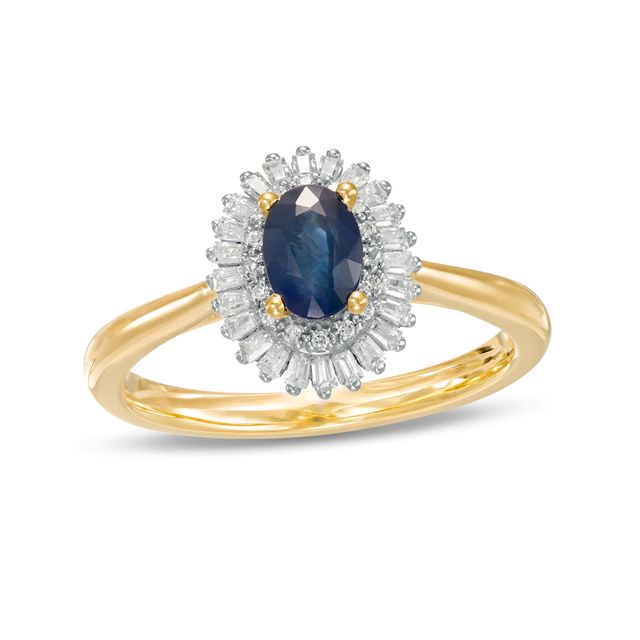 Oval Blue Sapphire and 0.19 CT. T.W. Baguette and Round Diamond Double Frame Floral Ring in 10K Gold|Peoples Jewellers