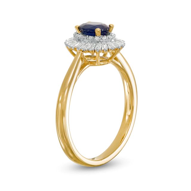 Oval Blue Sapphire and 0.19 CT. T.W. Baguette and Round Diamond Double Frame Floral Ring in 10K Gold|Peoples Jewellers