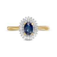 Oval Blue Sapphire and 0.19 CT. T.W. Baguette and Round Diamond Double Frame Floral Ring in 10K Gold|Peoples Jewellers