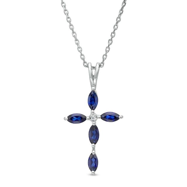 Marquise Blue Lab-Created Sapphire and Diamond Accent Cross Pendant in 10K White Gold|Peoples Jewellers