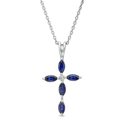 Marquise Blue Lab-Created Sapphire and Diamond Accent Cross Pendant in 10K White Gold|Peoples Jewellers