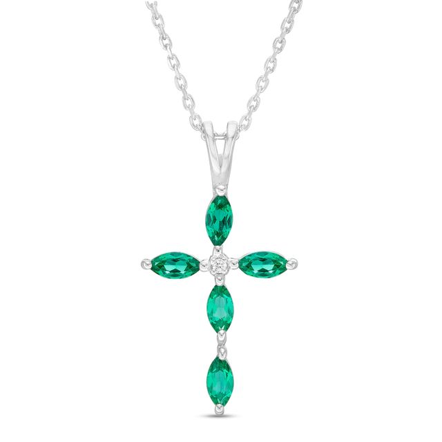 Marquise Lab-Created Emerald and Diamond Accent Cross Pendant in 10K White Gold