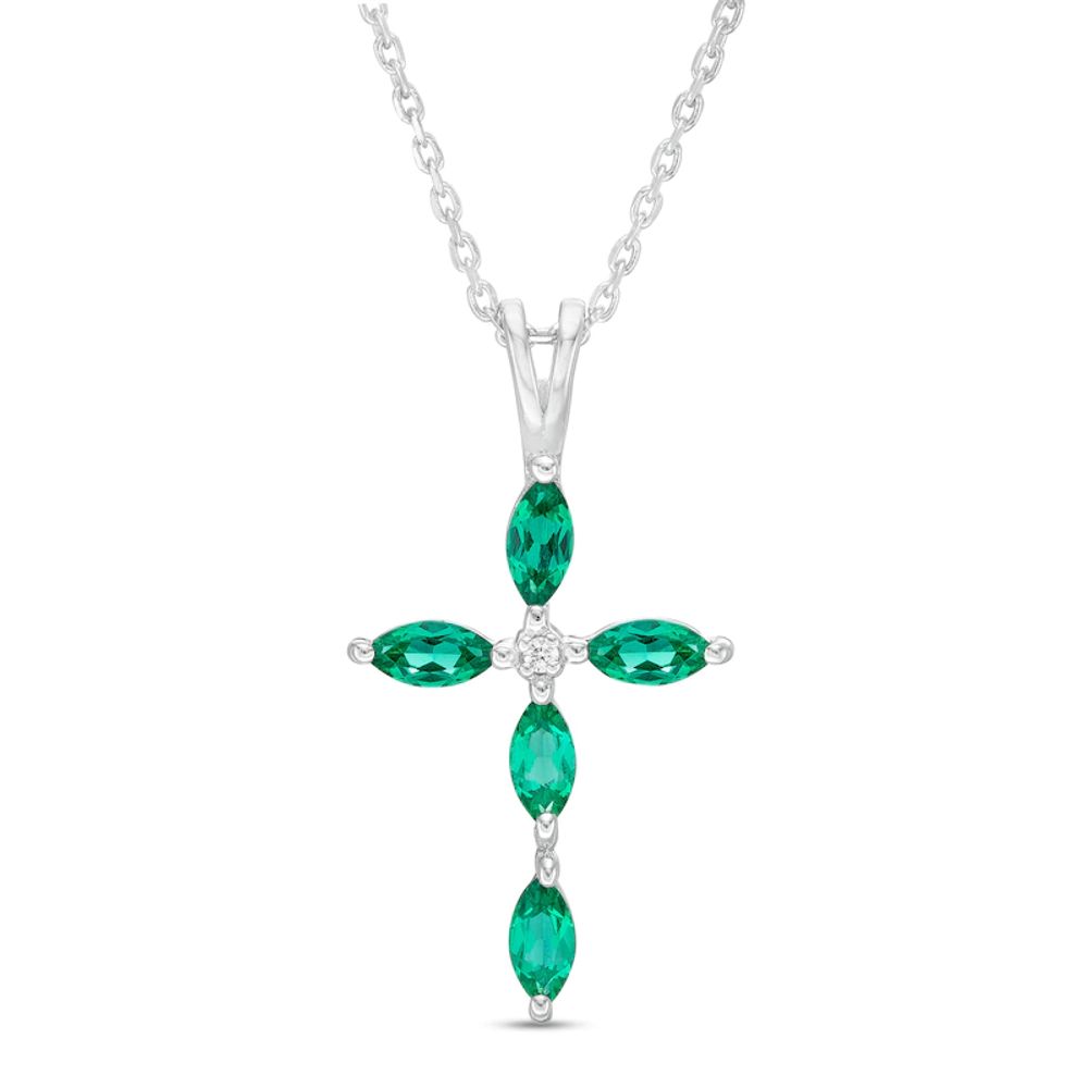 Marquise Lab-Created Emerald and Diamond Accent Cross Pendant in 10K White Gold|Peoples Jewellers