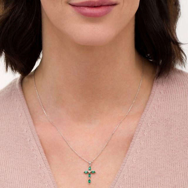 Marquise Lab-Created Emerald and Diamond Accent Cross Pendant in 10K White Gold|Peoples Jewellers