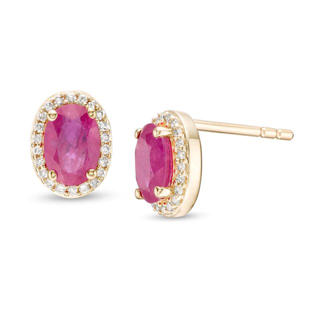Certified Oval Ruby and 0.088 CT. T.W. Diamond Frame Stud Earrings in 10K Gold|Peoples Jewellers
