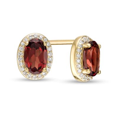 Oval Garnet and 0.088 CT. T.W. Diamond Frame Stud Earrings in 10K Gold|Peoples Jewellers