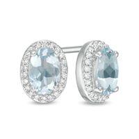 Oval Aquamarine and 0.088 CT. T.W. Diamond Frame Stud Earrings in 10K White Gold|Peoples Jewellers