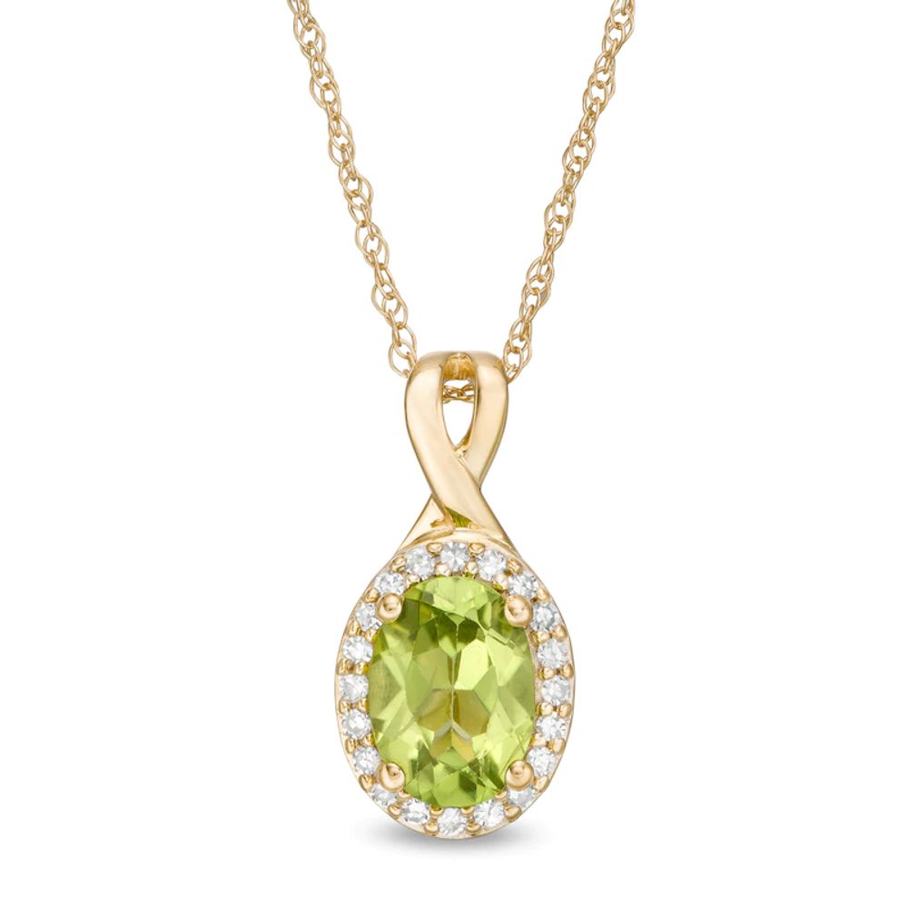 Oval Peridot and 0.08 CT. T.W. Diamond Frame Twisted Split Bail Pendant in 10K Gold|Peoples Jewellers