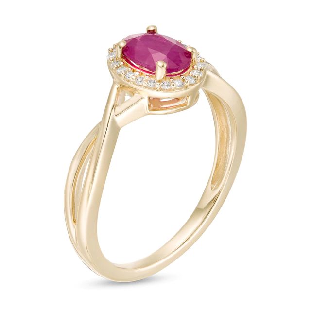 Certified Oval Ruby and 0.08 CT. T.W. Diamond Frame Twist Shank Ring in 10K Gold