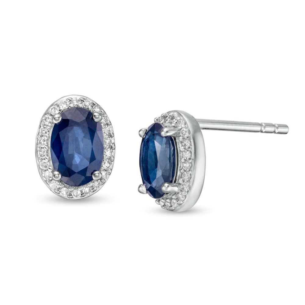 Oval Blue Sapphire and 0.088 CT. T.W. Diamond Frame Stud Earrings in 10K White Gold|Peoples Jewellers