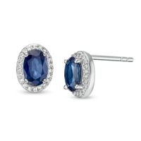 Oval Blue Sapphire and 0.088 CT. T.W. Diamond Frame Stud Earrings in 10K White Gold|Peoples Jewellers