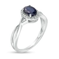 Oval Blue Sapphire and 0.08 CT. T.W. Diamond Frame Twist Shank Ring in 10K White Gold|Peoples Jewellers