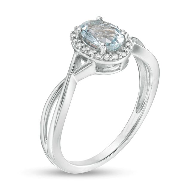 Oval Aquamarine and 0.08 CT. T.W. Diamond Frame Twist Shank Ring in 10K White Gold|Peoples Jewellers