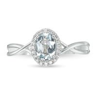 Oval Aquamarine and 0.08 CT. T.W. Diamond Frame Twist Shank Ring in 10K White Gold|Peoples Jewellers