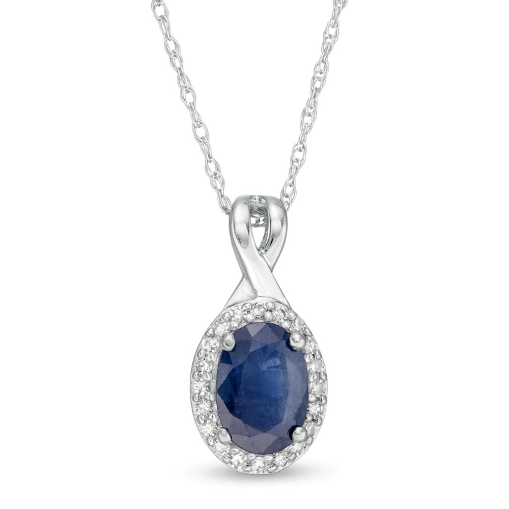 Oval Blue Sapphire and 0.08 CT. T.W. Diamond Frame Twisted Split Bail Pendant in 10K White Gold|Peoples Jewellers