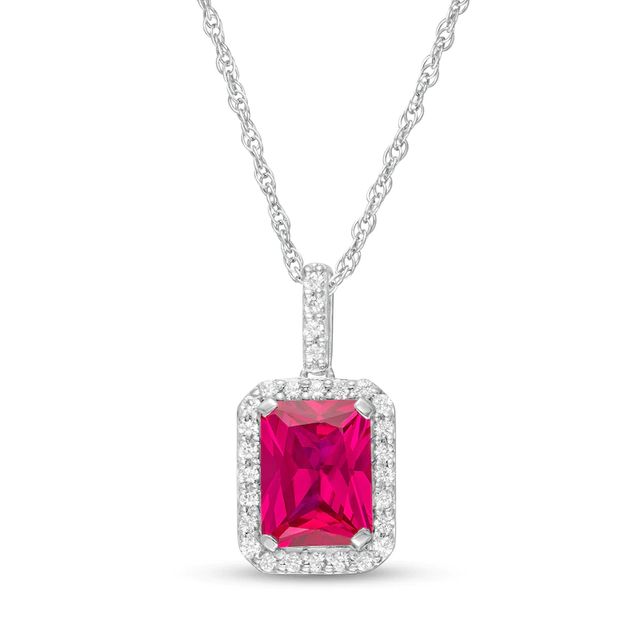 Emerald-Cut Lab-Created Ruby and White Sapphire Octagonal Frame Drop Pendant in Sterling Silver