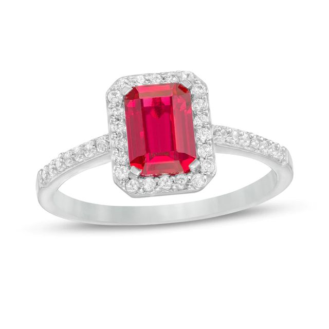 Emerald-Cut Lab-Created Ruby and White Sapphire Octagonal Frame Ring in Sterling Silver|Peoples Jewellers