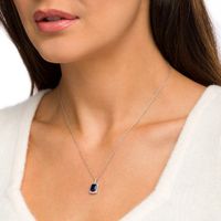 Emerald-Cut Lab-Created Blue and White Sapphire Octagonal Frame Drop Pendant in Sterling Silver|Peoples Jewellers