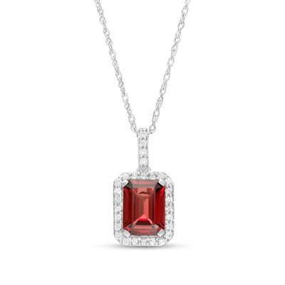 Emerald-Cut Simulated Garnet and Lab-Created White Sapphire Octagonal Frame Drop Pendant in Sterling Silver|Peoples Jewellers