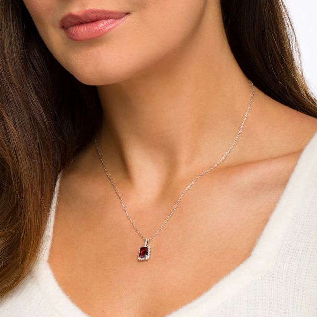 Emerald-Cut Simulated Garnet and Lab-Created White Sapphire Octagonal Frame Drop Pendant in Sterling Silver|Peoples Jewellers