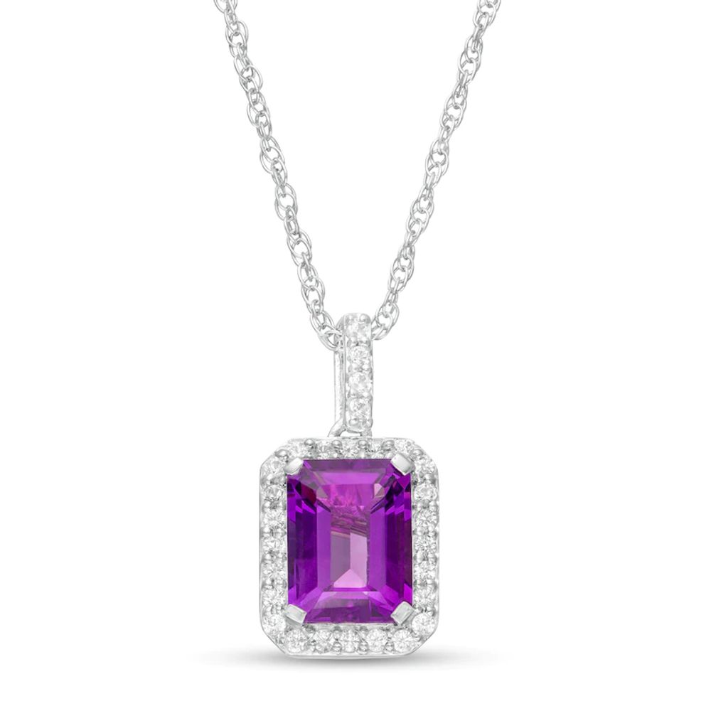 Emerald-Cut Lab-Created Amethyst and White Sapphire Octagonal Frame Drop Pendant in Sterling Silver|Peoples Jewellers
