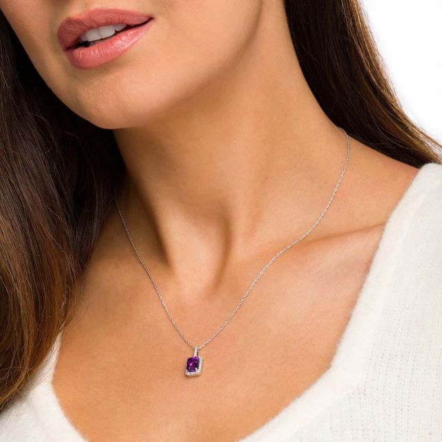 Emerald-Cut Lab-Created Amethyst and White Sapphire Octagonal Frame Drop Pendant in Sterling Silver|Peoples Jewellers