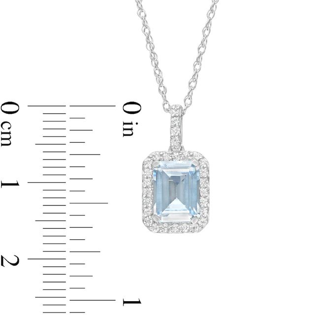 Emerald-Cut Simulated Aquamarine and Lab-Created White Sapphire Octagonal Frame Drop Pendant in Sterling Silver|Peoples Jewellers