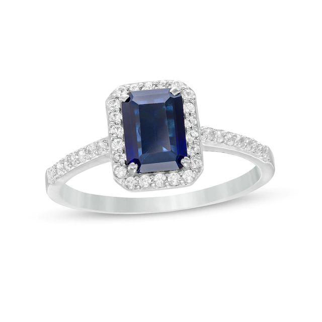Emerald-Cut Lab-Created Blue and White Sapphire Octagonal Frame Ring in Sterling Silver|Peoples Jewellers