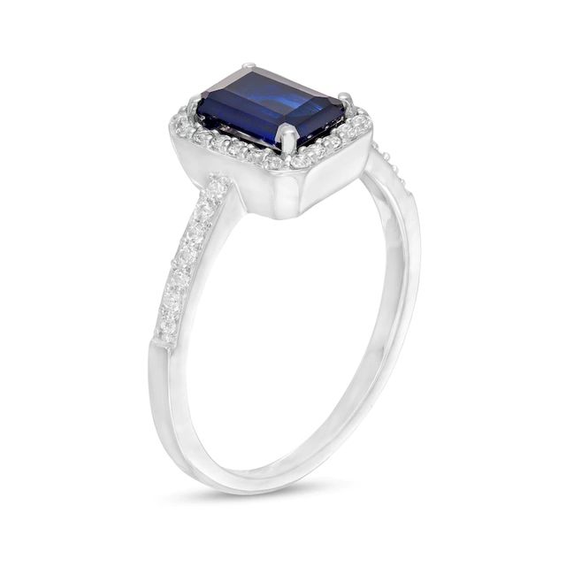 Emerald-Cut Lab-Created Blue and White Sapphire Octagonal Frame Ring in Sterling Silver|Peoples Jewellers