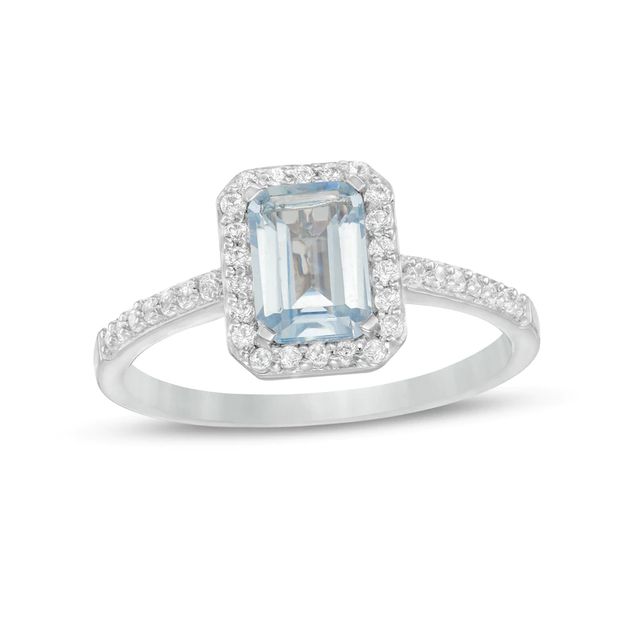 Emerald-Cut Simulated Aquamarine and White Lab-Created Sapphire Octagonal Frame Ring in Sterling Silver|Peoples Jewellers