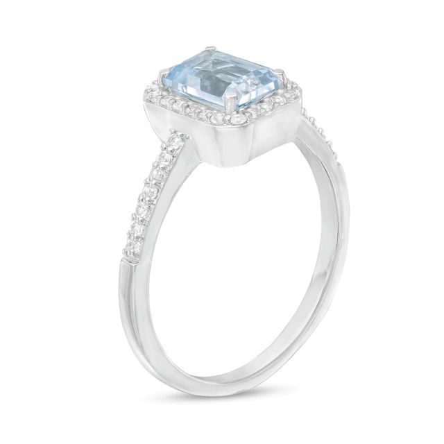 Emerald-Cut Simulated Aquamarine and White Lab-Created Sapphire Octagonal Frame Ring in Sterling Silver