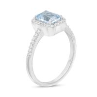 Emerald-Cut Simulated Aquamarine and White Lab-Created Sapphire Octagonal Frame Ring in Sterling Silver|Peoples Jewellers
