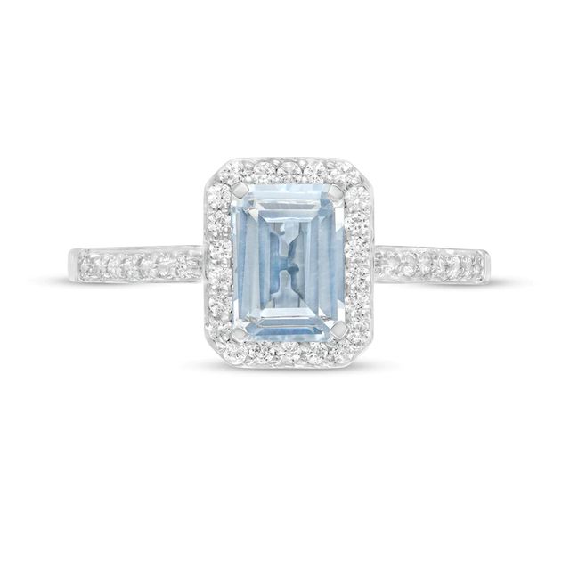 Emerald-Cut Simulated Aquamarine and White Lab-Created Sapphire Octagonal Frame Ring in Sterling Silver|Peoples Jewellers