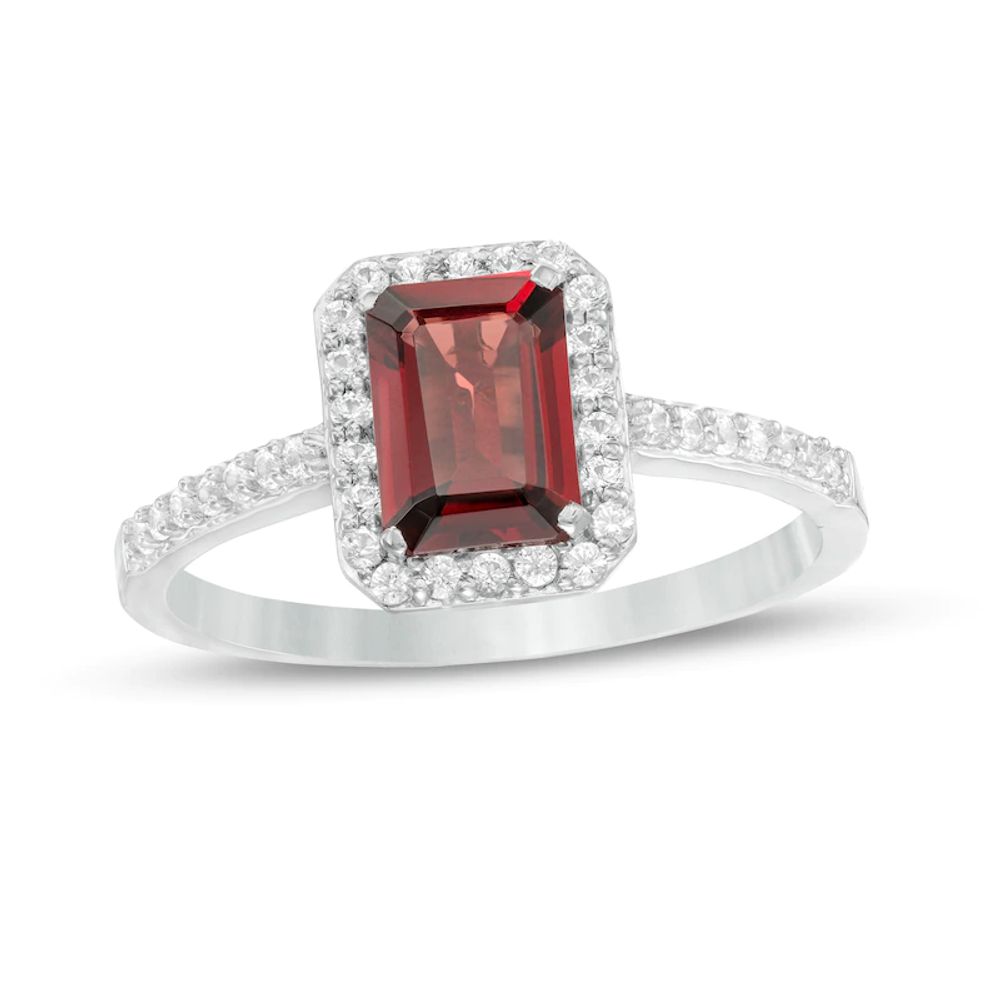Emerald-Cut Simulated Garnet and Lab-Created White Sapphire Octagonal Frame Ring in Sterling Silver|Peoples Jewellers