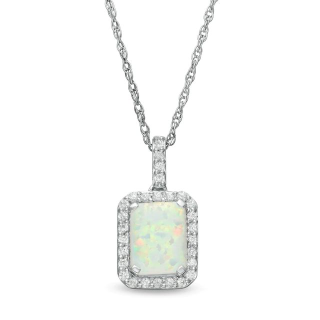 Emerald-Cut Lab-Created Opal and White Sapphire Octagonal Frame Drop Pendant in Sterling Silver|Peoples Jewellers