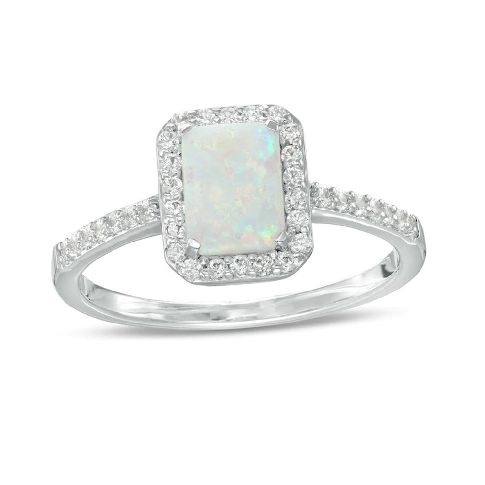Emerald-Cut Lab-Created Opal and White Sapphire Octagonal Frame Ring in Sterling Silver|Peoples Jewellers